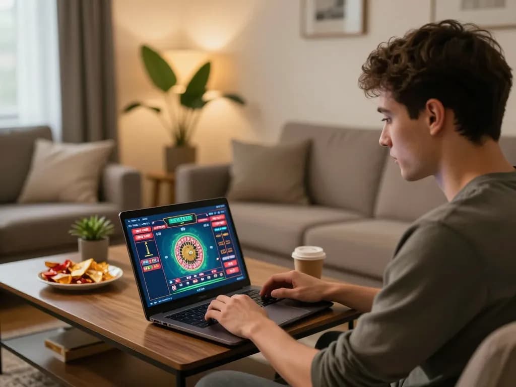 Player enjoying tr88 online roulette from home, focused on strategy and gameplay in a cozy setting.