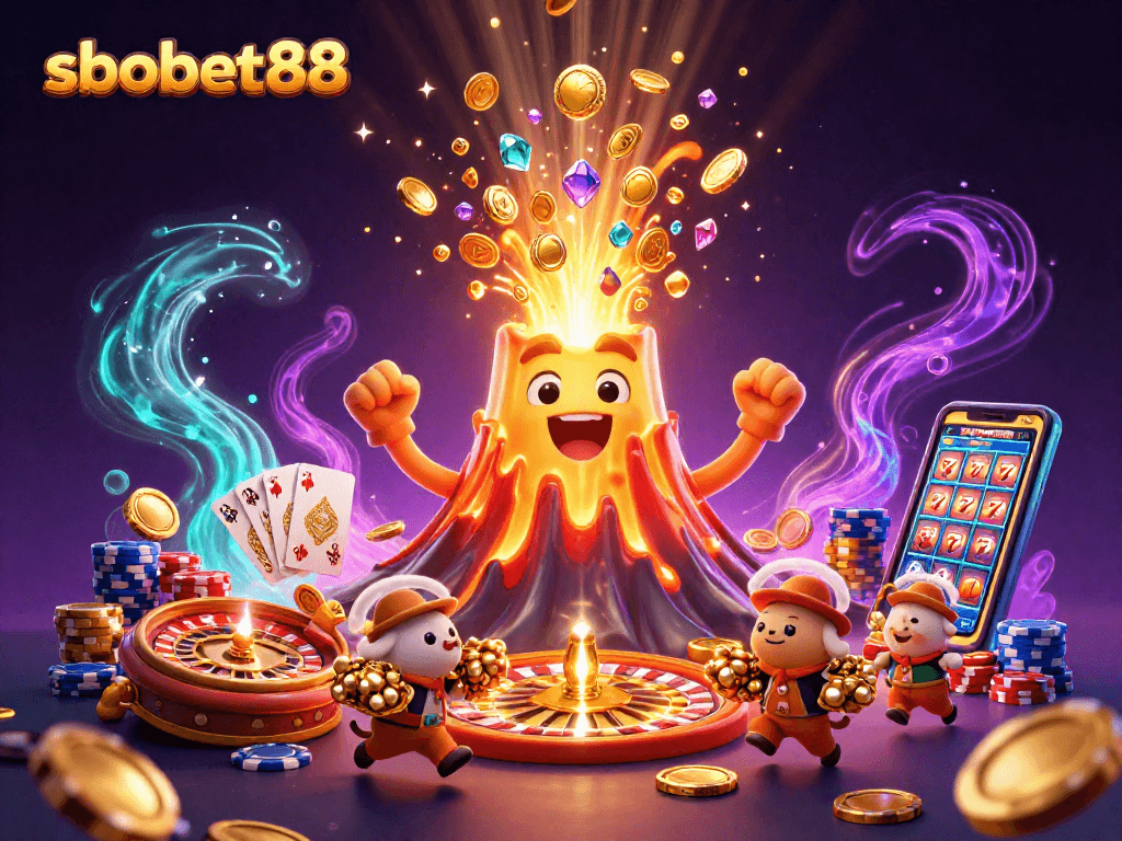 Engage with sbobet88, featuring a cartoon volcano erupting with treasure, spinning roulette, and flying poker chips.