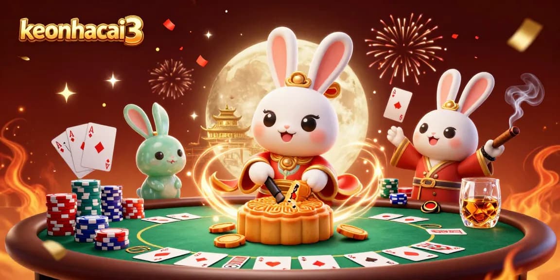 Engage with keonhacai3's vibrant scene of a lunar poker adventure featuring festive elements and dynamic game action.