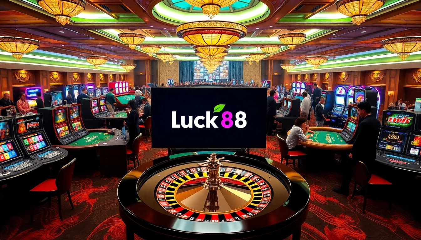Experience the thrill of betting at nhà cái luck8 on a vibrant casino floor filled with tables and slot machines.