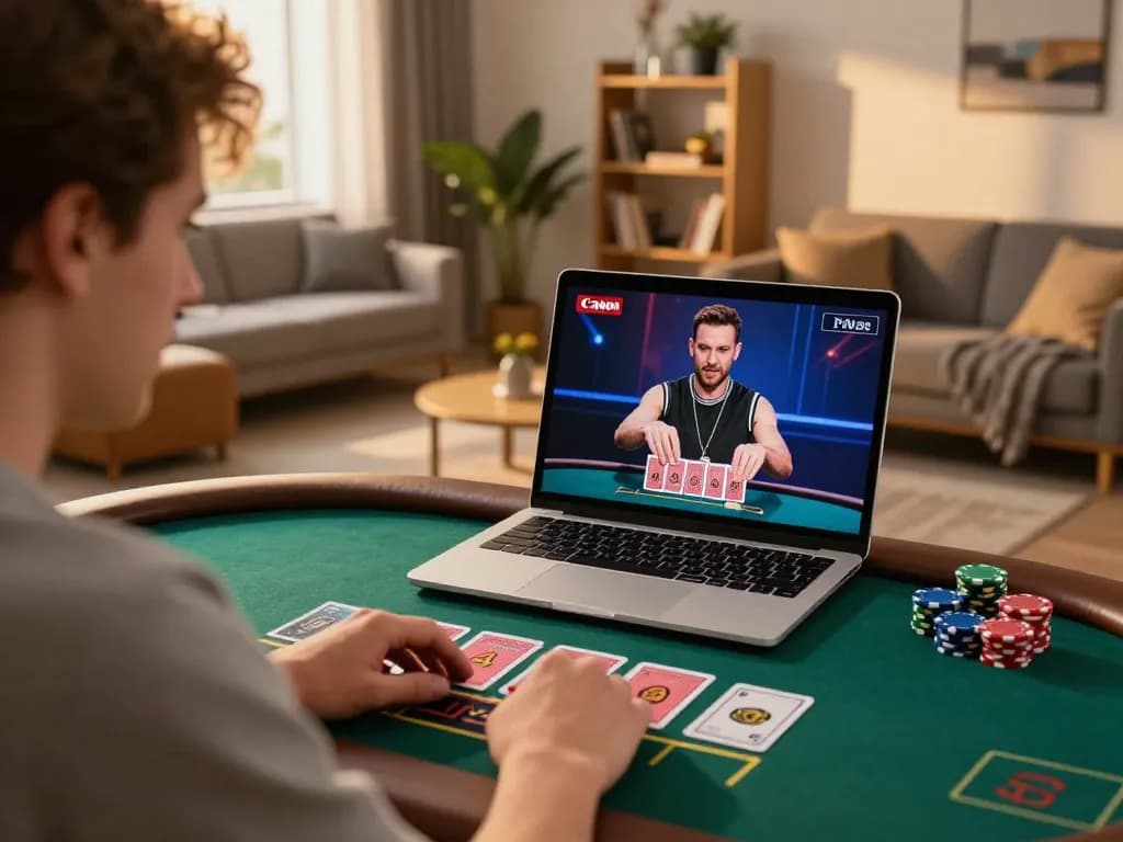 Player engaging in online blackjack at home using f8bet, focused on strategic gameplay.