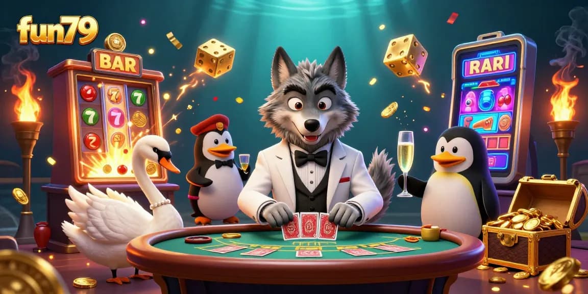 Experience big wins with fun79: 3D casino scene featuring unique characters and elements.