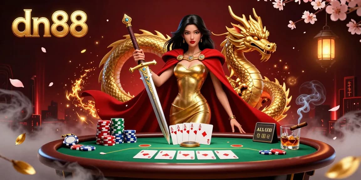 Win big with dn88 at the vibrant casino scene showcasing poker tables and golden treasures.
