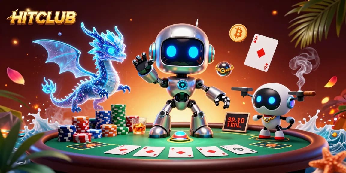 Engage with HITCLUB’s vibrant poker scene featuring a cyberpunk robot and stunning casino elements.