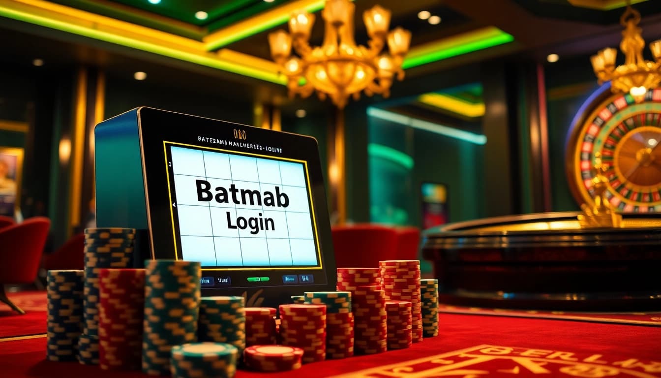Experience the thrill of online gambling with batman138 login, featuring vibrant slot machines and poker chips.