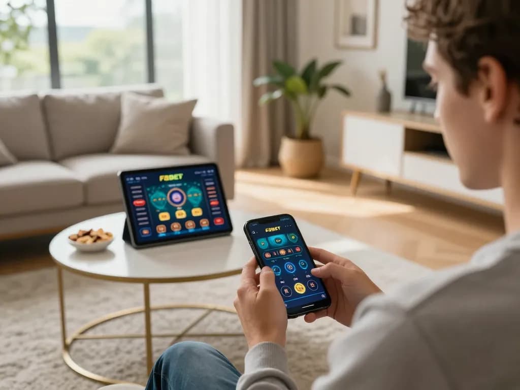 Engaging with F8BET app on smartphone while enjoying a cozy home gaming experience.