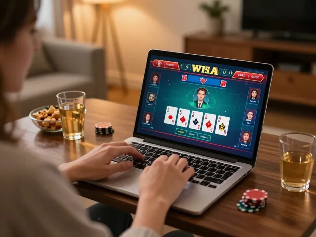 gbong player engaging intently with online blackjack game on laptop in inviting home setup