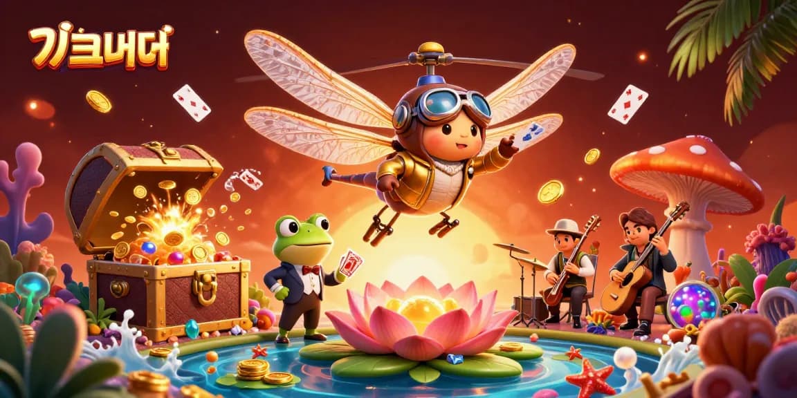 Experienceแทงบอล excitement with a 3D cartoon dragonfly pilot and frog croupier in a vivid casino scene.
