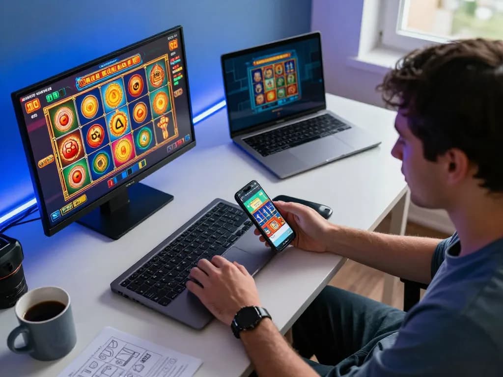 Player engaging with SlotsGG online slots game on a modern setup with colorful graphics and strategy notes