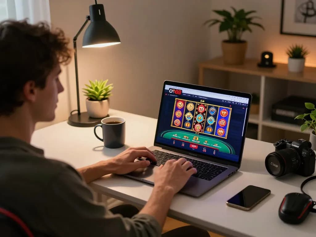Player enjoying cm88's online casino games on a stylish laptop in a cozy home setup.