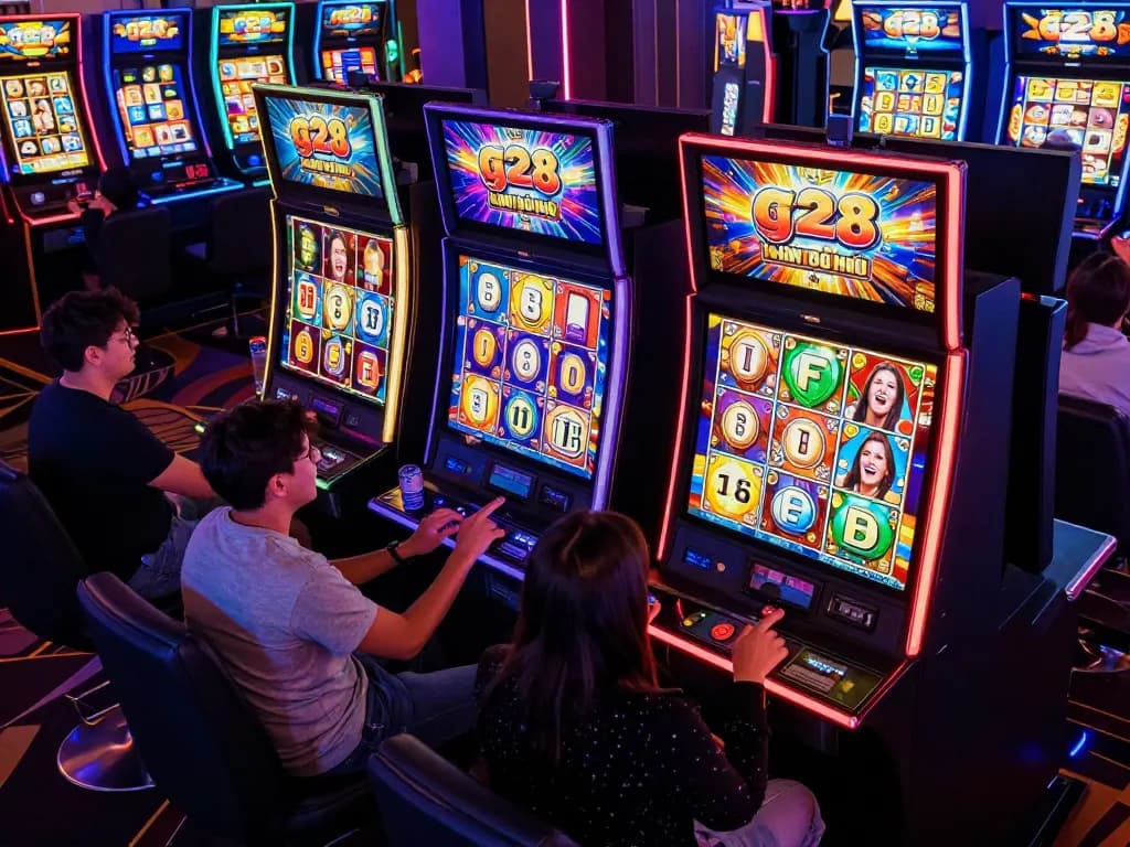 Players spinning g28 nổ hũ slots in a colorful casino environment with vibrant lights and engaging gameplay.