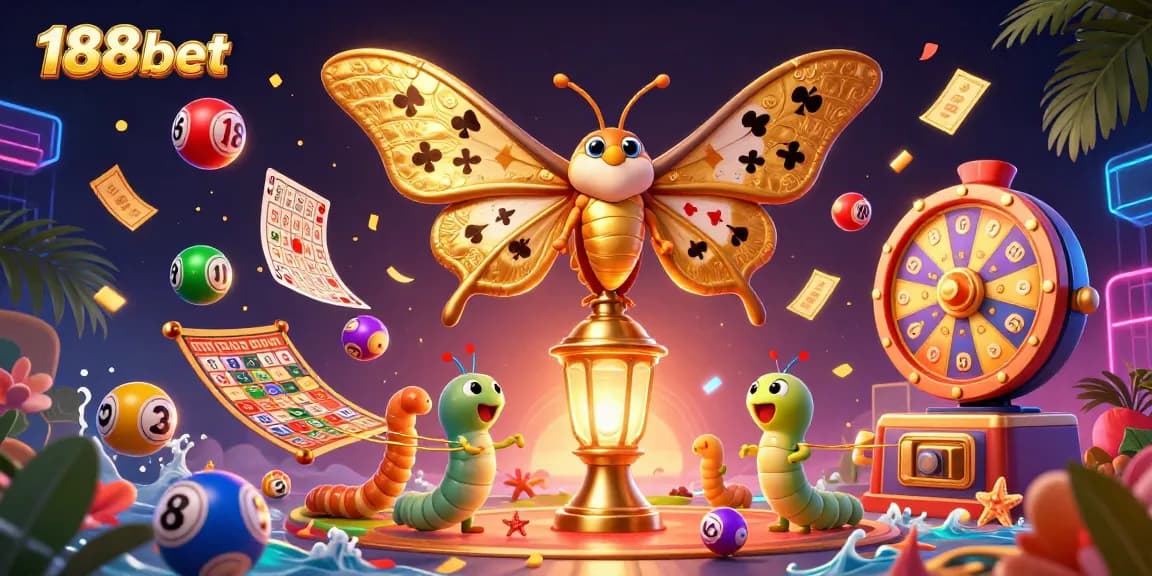 Play spirited lottery games with excitement at 188bet's vibrant casino-themed illustration.