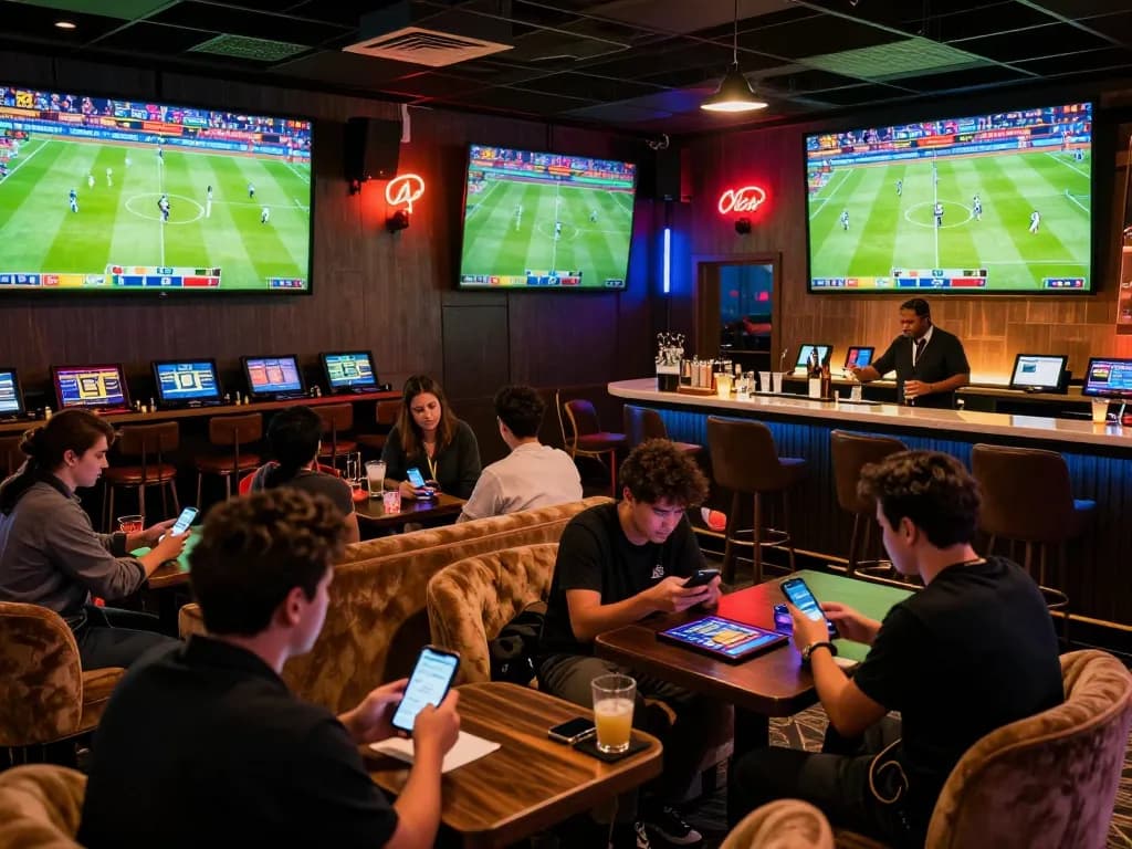 Excited patrons engaging on a trang cá cược bóng đá platform, betting on live matches in a vibrant sports lounge