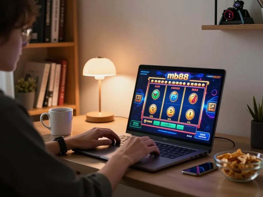 Engaging gameplay at mb88 slot in a stylish home gaming setup with laptop and cozy atmosphere