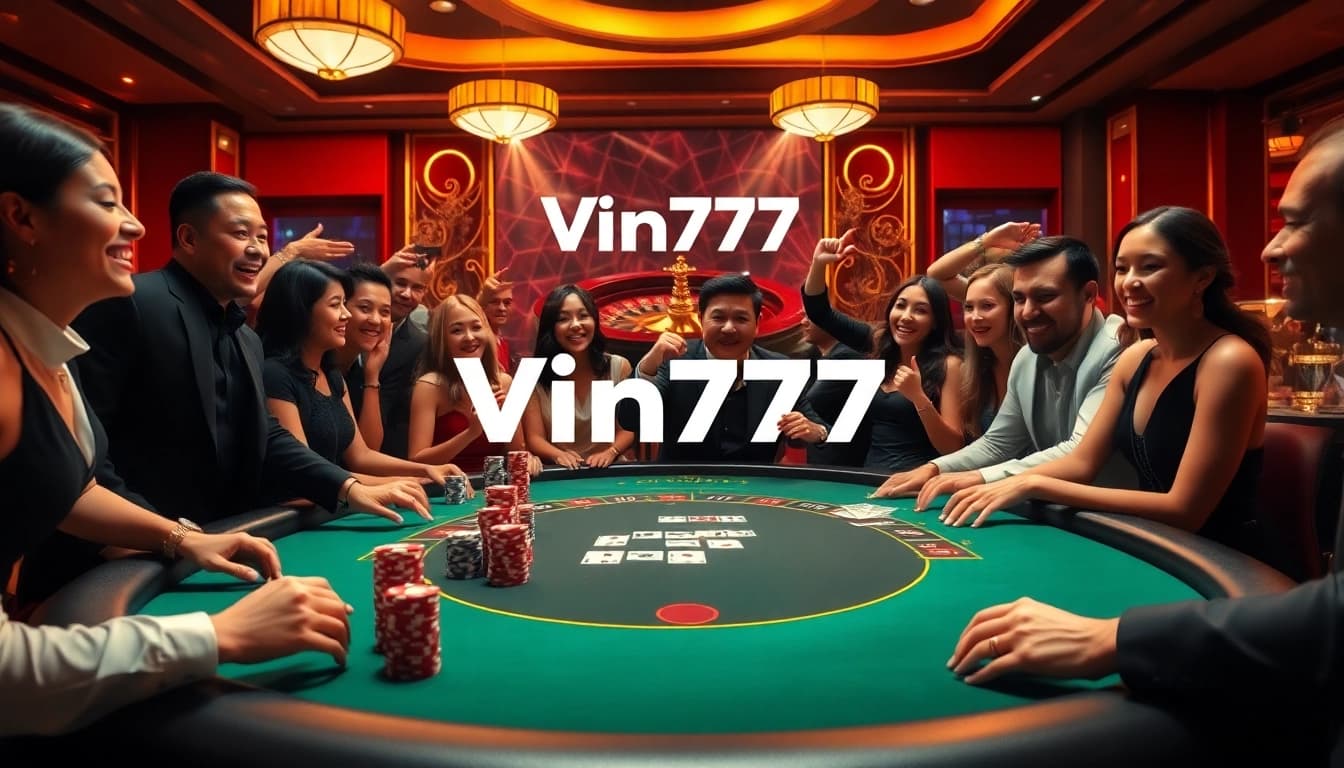 Players enjoying a lively game at Vin777's poker table with vibrant colors and luxury ambiance.