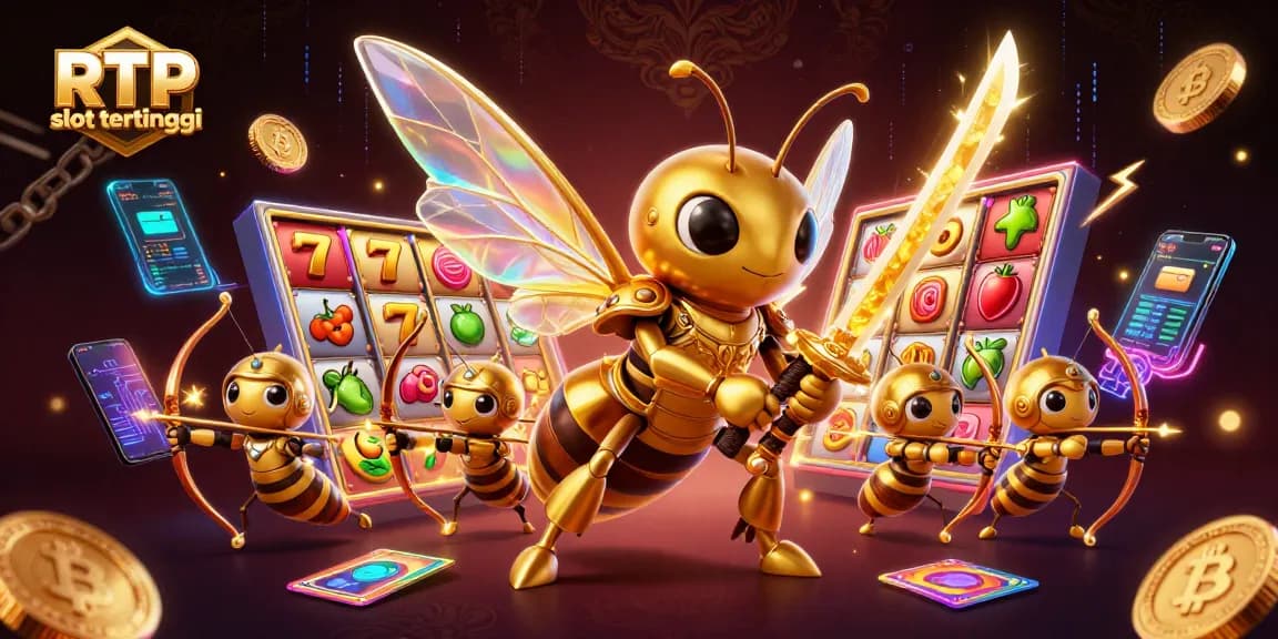 Experience RTP slot tertinggi in this vibrant 3D illustration featuring dynamic gaming elements and exciting characters.