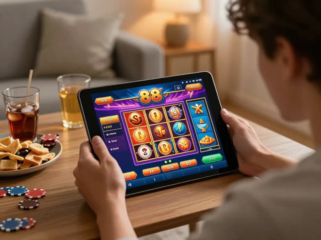 A user enjoying sc 88 online gaming on a tablet in a cozy home environment with snacks and warm lighting.