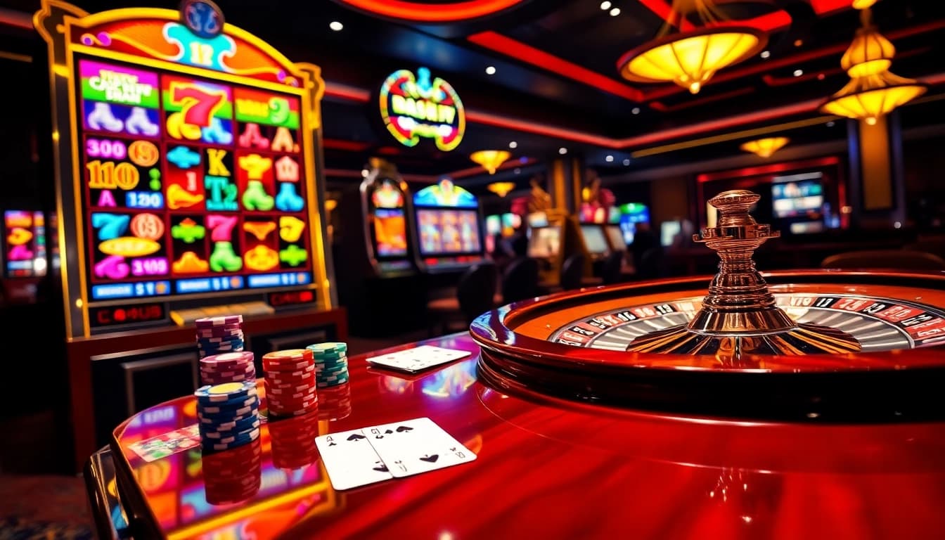 Experience high-stakes gaming at KTP Jitu's slot machines with vibrant colors and exciting chip stacks.