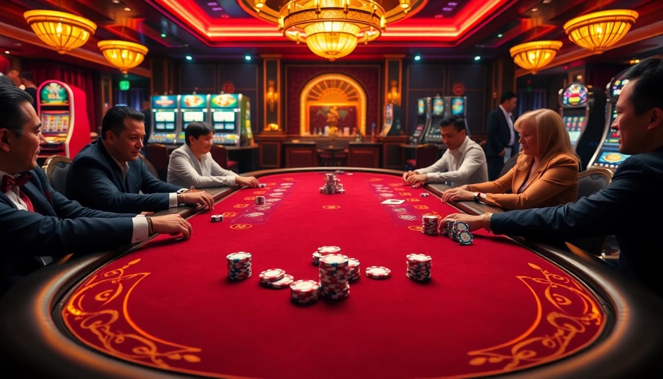 Engaging poker game at a luxurious casino table featuring excitement from players at https://b52.za.com/