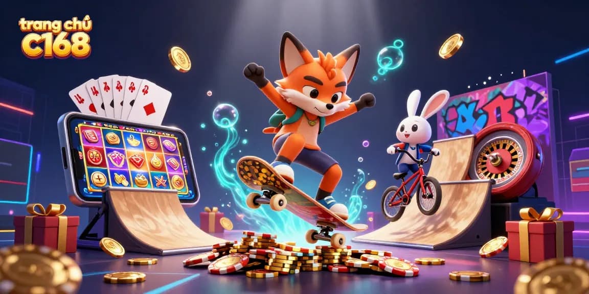 Experience vibrant gaming thrills on trang chủ c168 with 3D cartoon characters and casino elements.