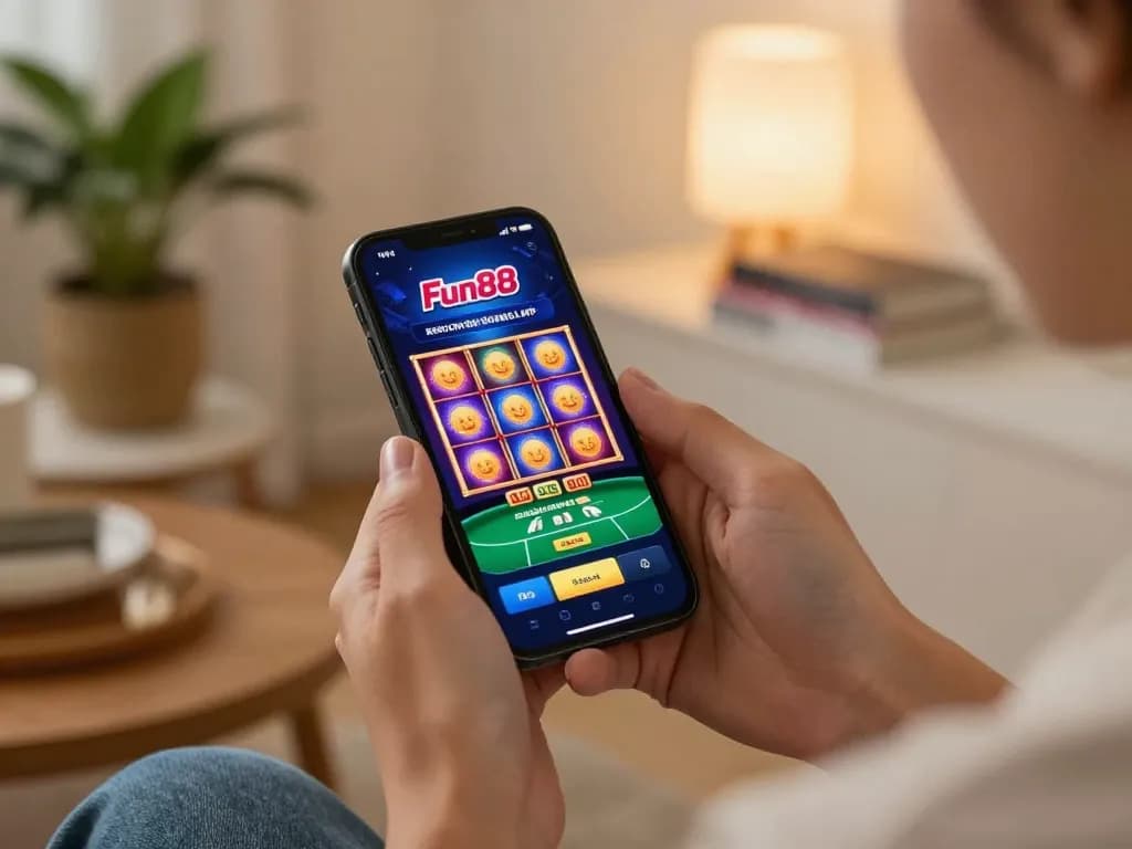Engaging with the Fun88 mobile app for thrilling online casino gaming, showcasing slot machines and poker.