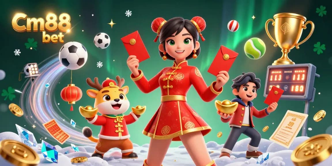 Engage in thrilling betting at Cm88 bet with festive casino elements and dynamic sports visuals.