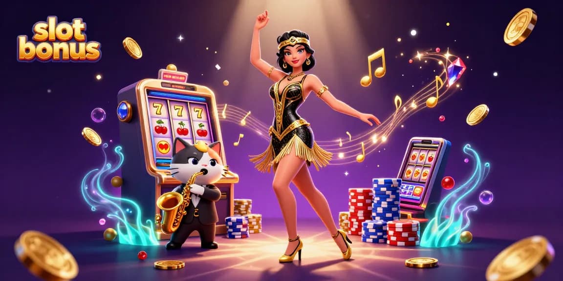 Experience thrilling slot bonus action with a vibrant dance scene featuring lucky 7s and cascading coins.