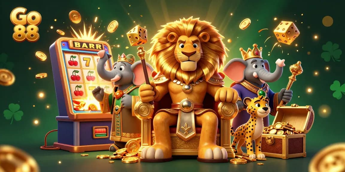 Experience the thrill of Go 88 with a vibrant 3D casino scene featuring a lion king, elephant advisor, and cheetah messenger surrounded by jackpots and gaming elements.