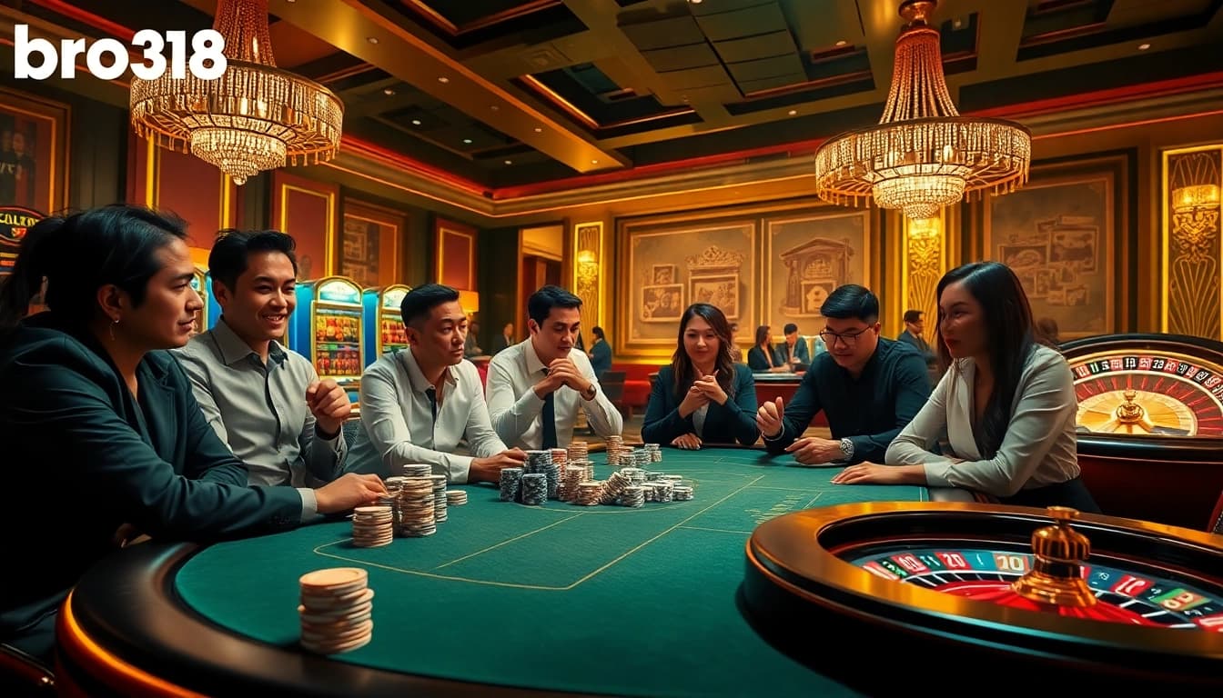Experience ultimate excitement at bro138 with a vibrant casino scene featuring poker, roulette, and slot machines.