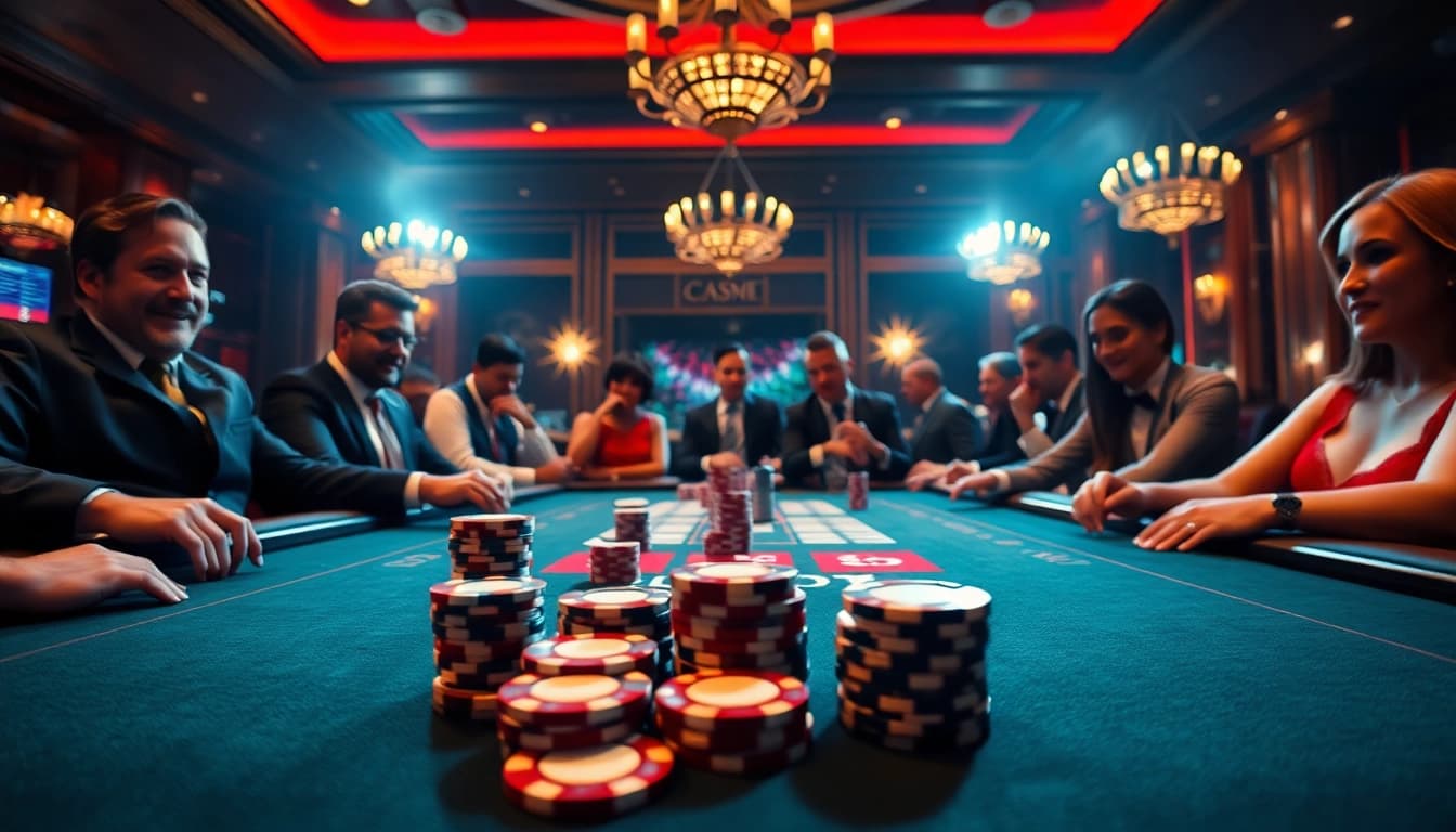 Spannende Spieler bei casino spiele.de am Tisch, mit Pokerschips und Karten im Fokus.