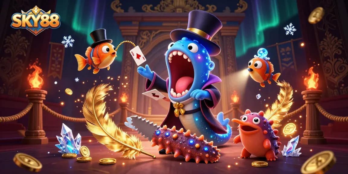 Engage with exciting SKY88 gameplay as a whimsical bioluminescent eel showcases magic tricks in a vibrant casino scene.