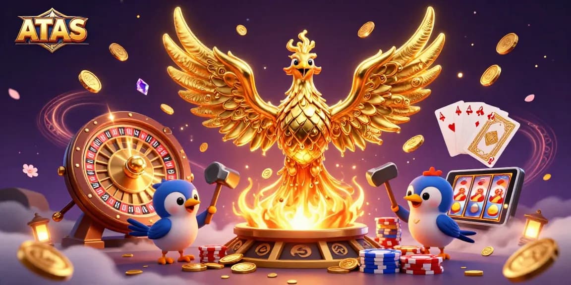 Engage with ATAS Casino's dynamic scene featuring a molten golden phoenix amidst a flurry of coins and gems, promoting thrilling gameplay.