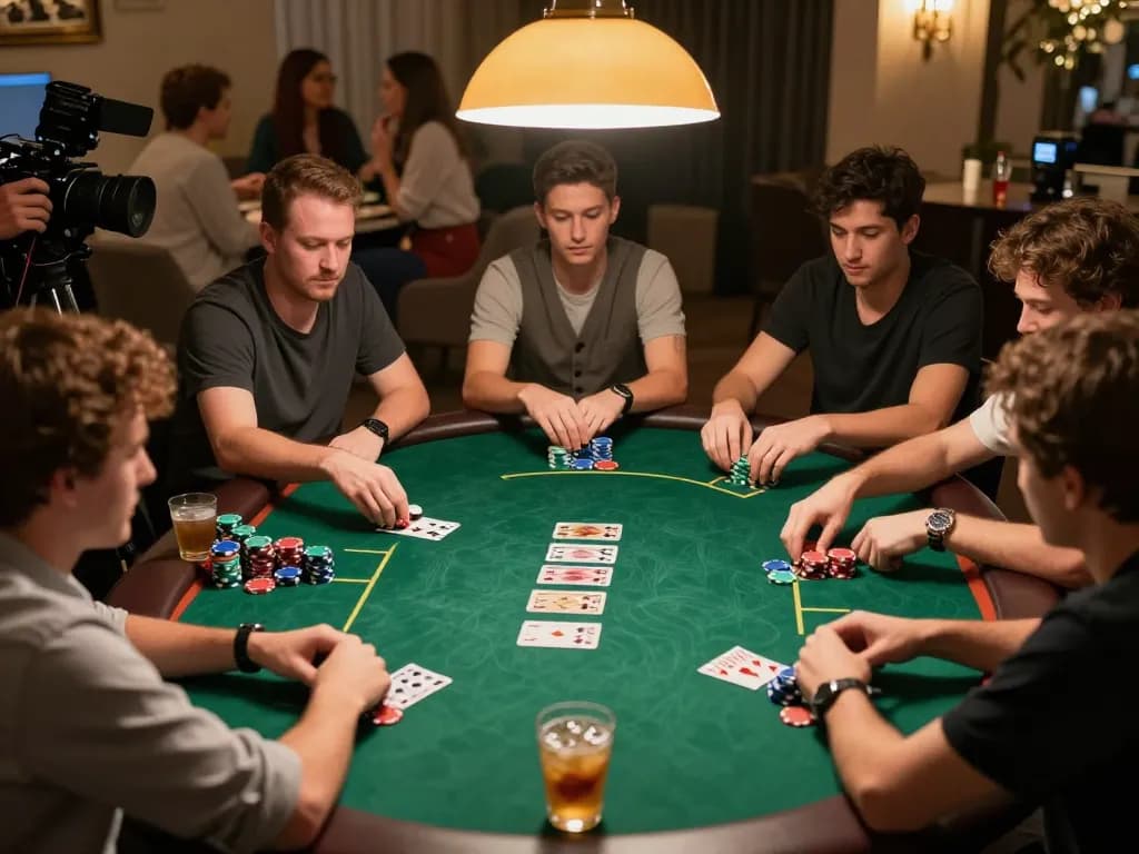 Tindakan poker situs toto dengan pemain yang merancang strategi dan energi kompetitif di meja permainan rumah.