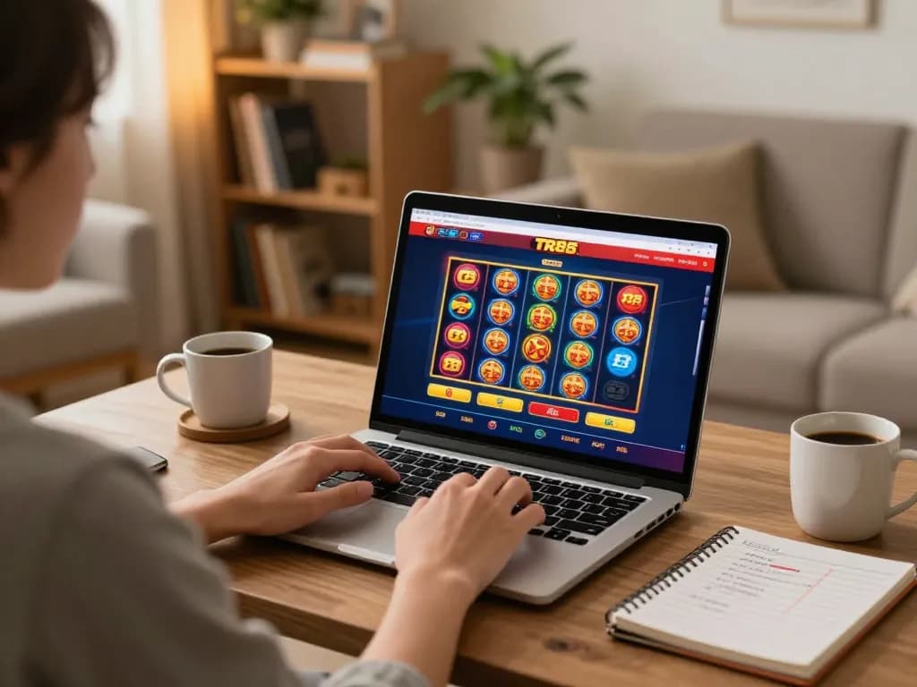 Player engaging with TR88 online casino platform on a laptop in a cozy home environment