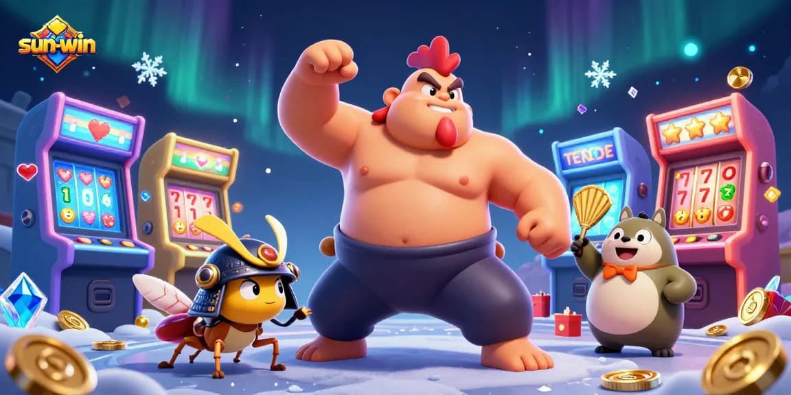 Engage in sun-win casino gameplay with vibrant characters, slots, and gaming elements.