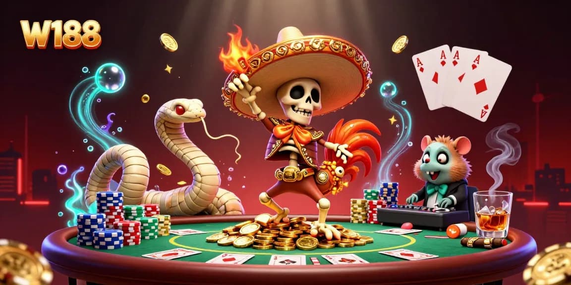 W188 showcases an engaging victory dance scene with vibrant casino elements and characters.