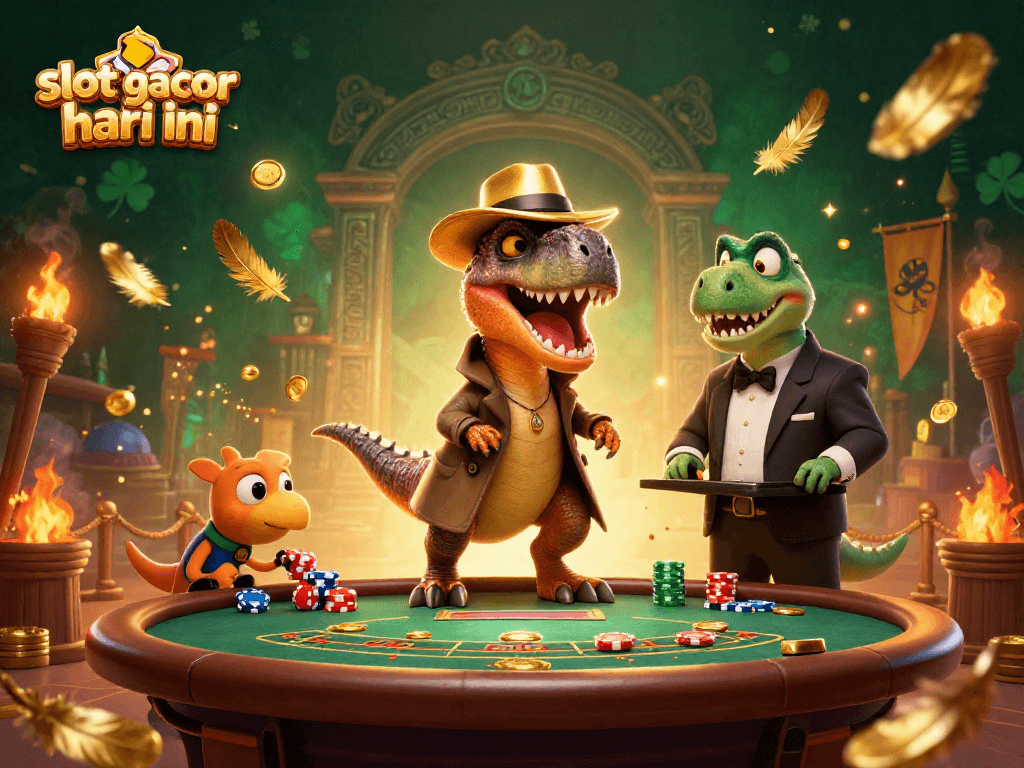 Visualisasi slot gacor hari ini dengan karakter dinosaurus di meja blackjack dan efek poker.