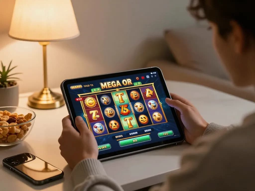 Engaging in mega slot gameplay on a tablet in a cozy environment.