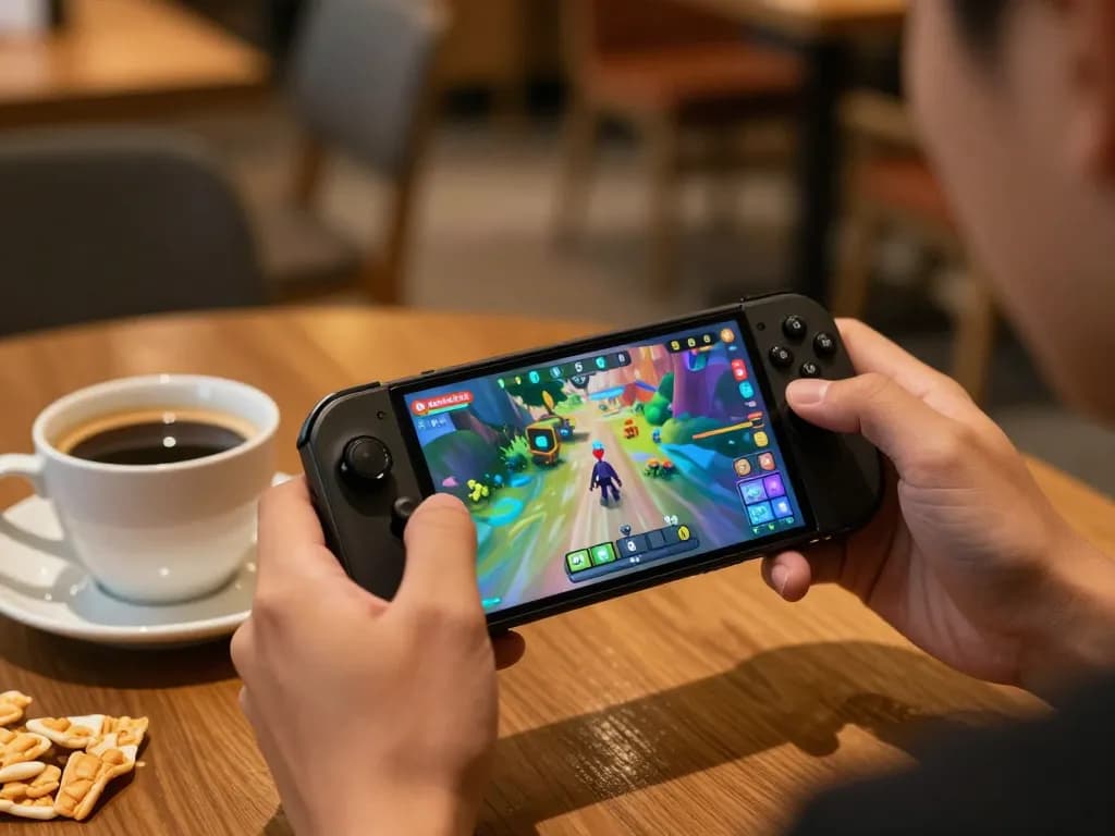 Engaging in the done55 game on a smartphone in a cozy cafe, highlighting mobile gaming.