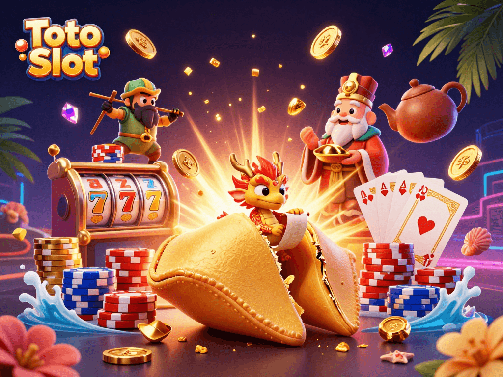 Toto Slot reveals winnings with a golden fortune cookie, a wise dragon, and colorful casino elements.