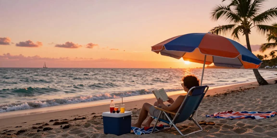 Pengunjung dari https://miami4d.com/ bersantai di pantai Miami saat senja, dikelilingi suasana tenang.