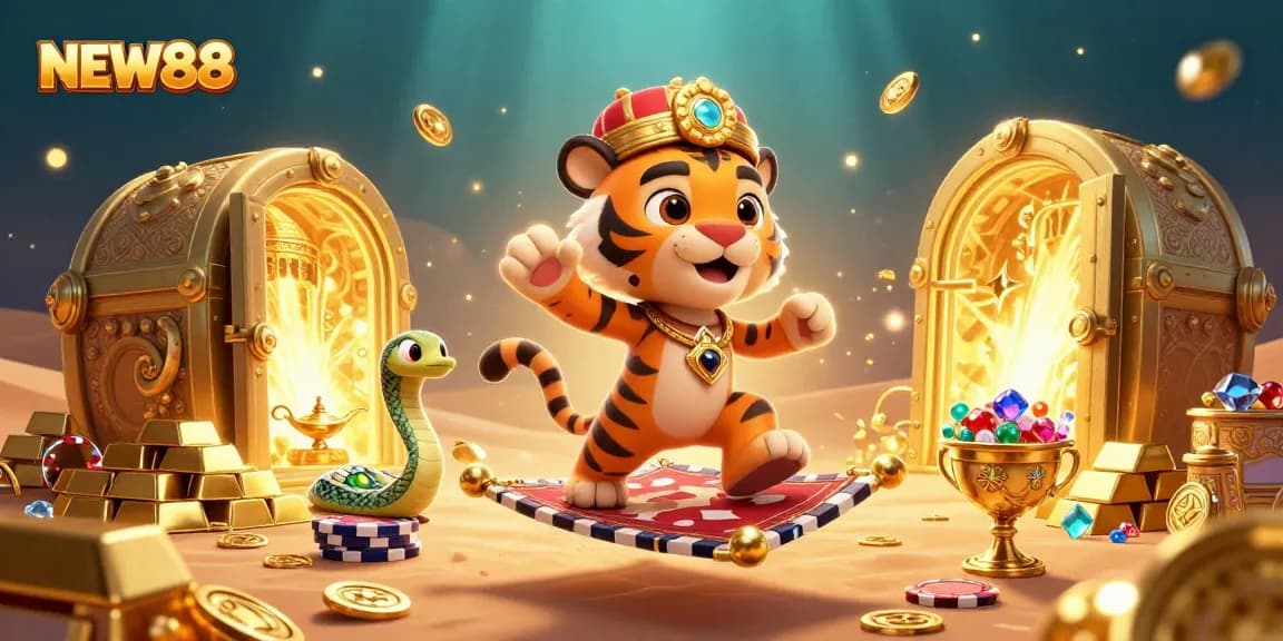 NEW88 engages players with a vibrant, fantasy casino-themed illustration, featuring rich visuals and gambling elements.