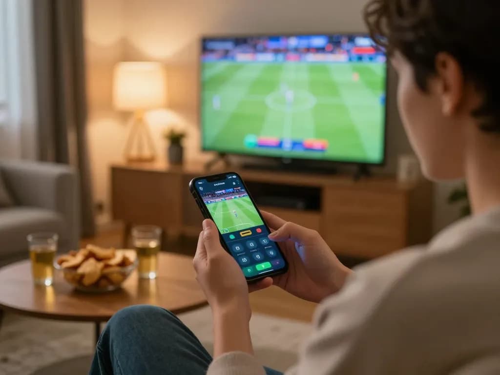 Person using dn88 app for live sports betting in a cozy living room setting.