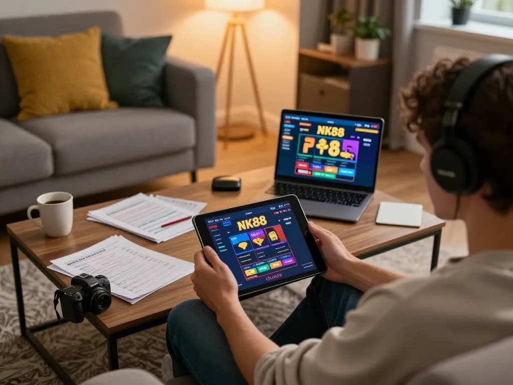 Player engaging with the NK88 interface on a tablet in a cozy home setting, blending entertainment and strategy.