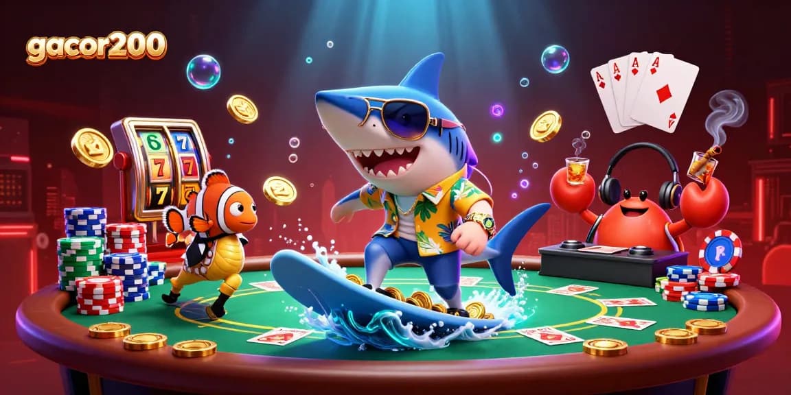Join the fun at gacor200 with a shark in sunglasses surfing on gold coins!