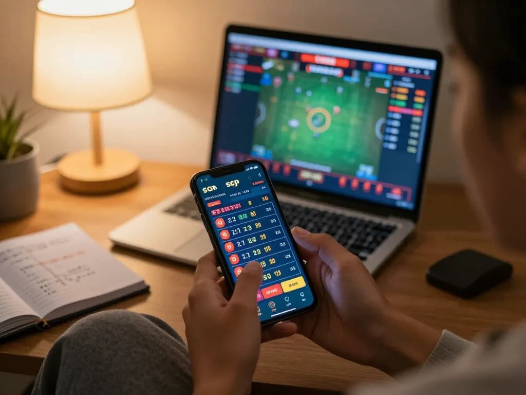 Engaging in toto sgp mobile betting with selected numbers displayed on smartphone in a cozy home environment.
