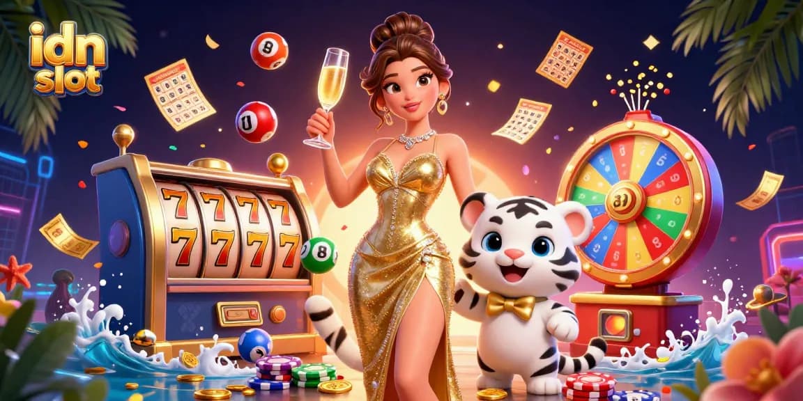Spin the idn slot reels with vibrant colors and festive casino elements for a thrilling experience.