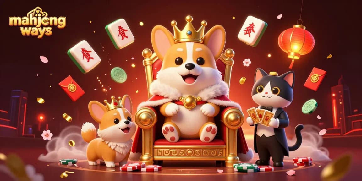Enjoy mahjong ways with fun visuals featuring a royal corgi and animated game symbols.