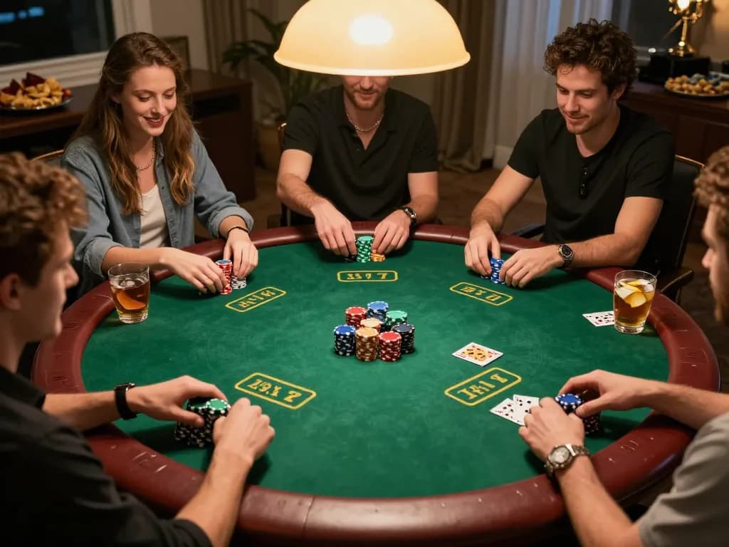 Friends enjoying poker night while playing Texas Hold'em, with colorful chips and drinks, highlighting excitement of tr88.