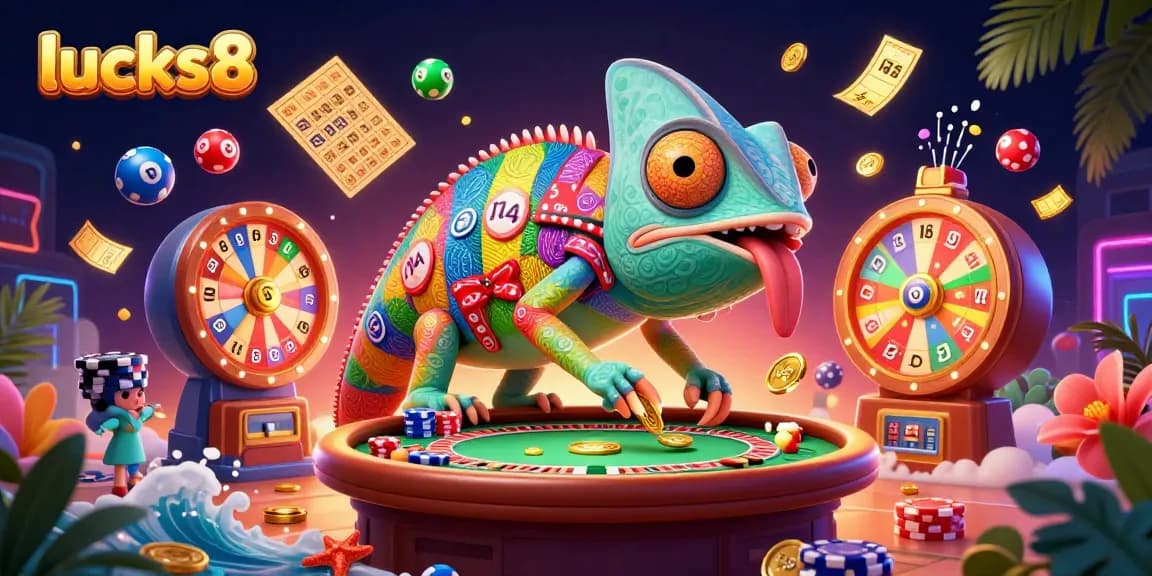 Experience excitement at lucks8 with vibrant casino elements and a charming chameleon owner.